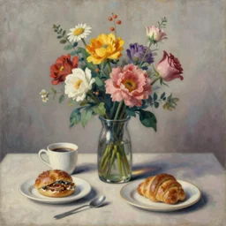 a surreal painting of a breakfast still life, vase of flowers, by George Baselitz, symbolist, soft colors, dramatic lighting, smooth, sharp focus, extremely detailed, textured, aesthetically pleasing composition
