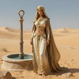 a full body portrait of a beautiful post apocalyptic offworld desert bedouin blind beggar by the well, intricate, elegant, highly detailed, digital painting, artstation, concept art, smooth, sharp focus, illustration, art by krenz cushart and artem demura and alphonse mucha