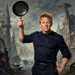 highly detailed rendering of gordon ramsay holding a cooking pan above his head in the art style of zdzislaw beksinski