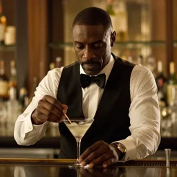film still of Idris Elba at a bar drinking a martini as James Bond