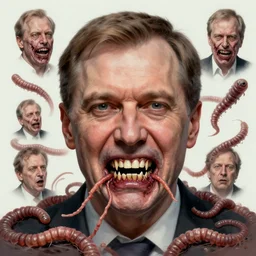 a portrait of dmitry medvedev, flesh eating worms, macabre, horror saw teeth, horror rotten teeth, by donato giancola and greg rutkowski and wayne barlow and zdzisław beksinski, realistic face, visible face, digital art, artstation, symmetry