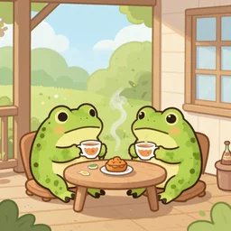 An elderly toad couple drinking tea on their porch. Cute illustration.