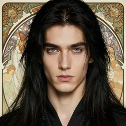 portrait of tall, 3 3 - year - old handsome man with long dirty black hair, and grey eyes, wearing black clothes, clear face, hyper realistic face, beautiful eyes, close up, fantasy art, in the style of greg rutkowski, intricate, alphonse mucha, hyper detailed, smooth