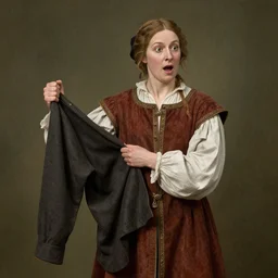 a woman in medieval clothes pulling her clothes, surprised expression, by Edmund Blair Leighton