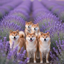 A group of Shiba Inus in Purple Lavender field, 8k UHD, Nature photography, high detail, High quality, stunning lighting, beautiful lighting,