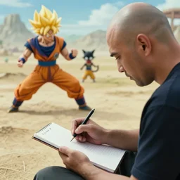 in the foreground is a bald man writing with a notebook. in the distance, a super saiyan fights with a black kid. realistic movie style, hd
