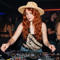 DJ at a party, DJ is a red headed woman and is wearing a straw hat and a fanny pack
