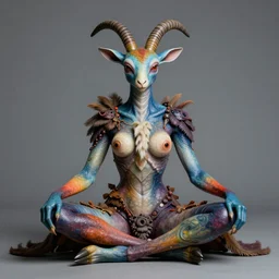 a portrait photograph of a meditating fierce sadie sink as a colorful harpy antilope super villian with amphibian blue skin. her body is transformed into an alien beast. by donato giancola, hans holbein, walton ford, gaston bussiere, peter mohrbacher and brian froud. 8 k, cgsociety, fashion editorial