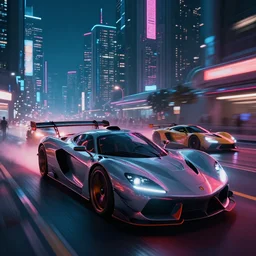 futuristic city of cyberpunk super cars racing in the neon lit night, highly detailed, digital art, 8k