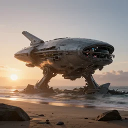 hyper realistic, photorealistic render, volumetric lighting, crashed alien spacecraft, sunrise, highly detailed, post apocalyptic, beaches, abandoned, ridley scott style 1 6 : 9