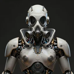 low angle shot of a cyberpunk robot character wearing a gazmask, intricate, elegant, highly detailed, centered, front, digital painting, artstation, concept art, smooth, sharp focus, illustration, artgerm, Tomasz Alen Kopera, Peter Mohrbacher, donato giancola, Joseph Christian Leyendecker, WLOP, Boris Vallejo