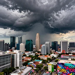 long exposure photograph of severe weather storms above an Beautiful Orwellian City, Singapore, detailed textures, hyper realistic, vibrant colors, cinematic lighting, graffiti art style, climate change, digital art painting by greg rutkowski and RIdley Scott, cinematic, concept art, 35mm grain filter, artstation