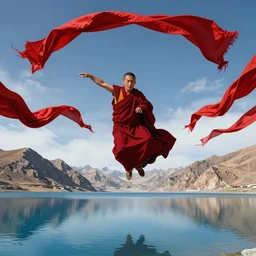 a wide angle lens shot on full - frame camera of tibetan monk flying over himalaya mountains lake in weightlessness in traditional red cloth. a lot of flying red fabric around, sky and cloth fabric reflected in blue lake water. monk body movements looks like modern dance choreography. illustration by craig mullins, yoji shinkawa, trending on artstation, peter mohrbacher, hyper detailed, intricate