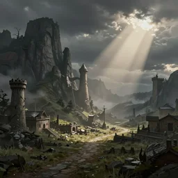 concept art of a medieval landscape by fenghua zhong, atmospheric, cinematic, detailed, matte, godrays