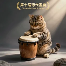 a cat playing the bongos, stock photo