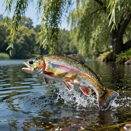 close up photo of a giant trout leaping out of in a lake, summer, lake, willow trees, trending on art station, dynamic lighting, stark contrasts, detailed and intricate environment