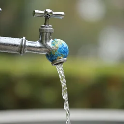 a drop of water coming out of a planet-shaped water faucet, bokeh photograph