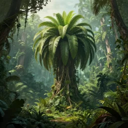a giant plant in the exotic jungle, landscape, alex ross, david finch, concept art, matte painting, highly detailed, rule of thirds, dynamic lighting, cinematic, detailed, denoised, centerd