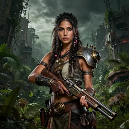 portrait of a young very beautiful cute tribal woman with a steampunk gun, in a post apocalyptic city overgrown with lush vegetation, by Luis Royo, by Greg Rutkowski, dark, gritty, intricate, head space, cover illustration, concept art, volumetric lighting, volumetric atmosphere, octane render, trending on artstation, 8k