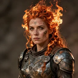 a rustic woman wearing futuristic armor, detailed face, flaming hair, by greg rutkowski, mandy jurgens