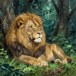 masterpiece dynamic angle painting of a majestic lion resting near the canopy forest in the rain, by Studio Ghibli