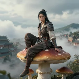 a portrait of a female warrior sitting on a giant mushroom that covers a whole town and reaches above the clouds. intricate. lifelike. soft light. sony a 7 r iv 5 5 mm. cinematic post - processing