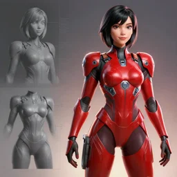 3d model sheet tpose turnaround of a female sci fi character with black hair and red armored sci fi outfit with stylized pixar mom extreme proportions in terms of waist to hip ratio, concept art reference