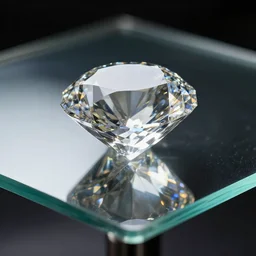 a big diamond on a glass table, professional closeup photo, dramatic light