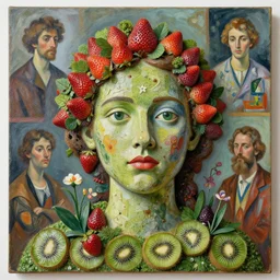 a sculpture portrait made of kiwi and strawberries and flowers and plants, painting part by wojciech siudmak, part by ilya repin, part by max ernst, part by norman rockwell, artstation