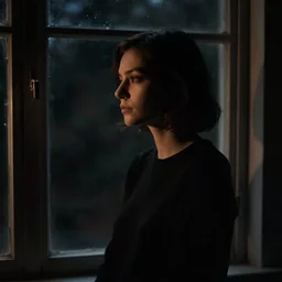 woman in front of window, dark scene, ultra detailed, dark light. by  Ilya Kuvshinov