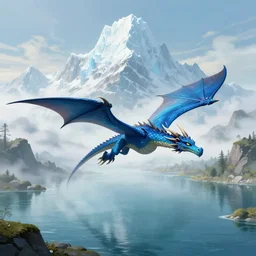 blue dragon flying, big lake, mist, big ice mountain in background, fantasy, d & d, illustration, digital art