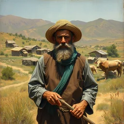kurdish!! farmer in a kurdish!! village, painting by camille pissarro, award winning art, incredibly detailed, highly intricate