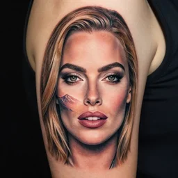 face morph tattoo design of margot robbie with beautiful mountain scenery, in the style of chris mataafa, amazing detail