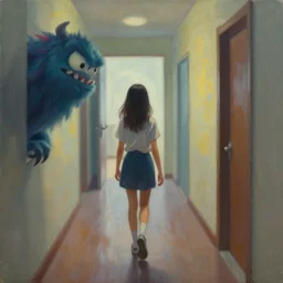 a painting of a girl walking in a hallway and suddenly sees a monster in her way, artstation