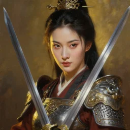 greg manchess oil matte portrait painting, chinese female knight with beautiful face, sword and shield, wonderful masterpiece highly detailed, scifi, beautiful cinematic light deep focus, elegant, digital painting, smooth, sharp focus, golden ratio, dramatic illumination, ultra realistic, 4 k, art by greg rutkowski wlop rossdraws
