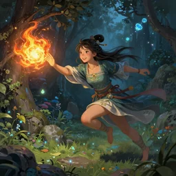 breathtaking detailed concept art painting, smiling hapa sorceress chasing will-o-wisps casting a fireball in a garden, 8k