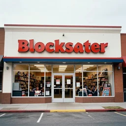 blockbuster store front, wide lens shot