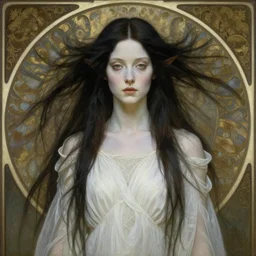 oil portrait from the shoulders up of grimes as an ethereal and elegant elf with pale skin and extremely long dark hair, ominous, symmetric, circular background, wearing a flowing white dress, rule of thirds, hyperdetailed, by alphonse mucha, alphons mucha, art nouveau, hans holbein, wlop