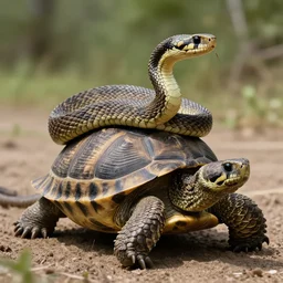 a beautiful photo of a rattlesnake riding on a turtle, ultra realistic details, 8 k, trending on artstation