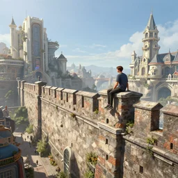 a young man sitting atop the tall wall of a beautiful sci fi walled city inspired by amsterdam and victorian england and los angeles, sunny weather, blue sky, digital painting, concept art, trending on artstation, matte painting, highly detailed, intricate, art by greg rutkowski and artgerm and craig mullins, cinematic, octane render, 8 k, unreal engine
