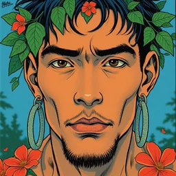 risograph grainy painting of running man anime - like hero protagonist face, matte colors, with huge earrings, face covered with plants and flowers, by moebius and dirk dzimirsky and satisho kon, blue hour, close - up wide portrait
