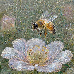 Macro photograph, of a bee made from translucent glass, hovering above a flower made of silk. bokeh