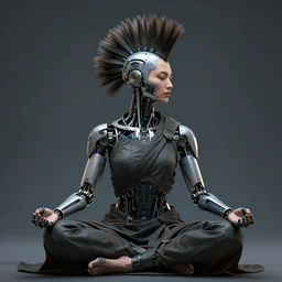 meditating monk with cybernetic mohawk and cybernetic enhancements, scifi character portrait by greg rutkowski, craig mullins, cinematic lighting, dystopian scifi outfit, profile picture, mechanical, cyborg, half robot ultra realistic 8 k resolution.