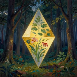 hyperrealistic still life portrait of a mind exploding in a forest, tesseract prism at dawn, morning light, by caravaggio, botanical print, surrealism, vivid colors, golden ratio, negative space, minimalist composition, in style of jugendstil, and maxfield parrish, maurice sendak, james turrell, rene magritte