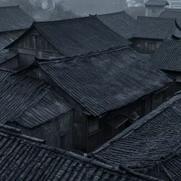 tile roofs, and simple, peaked wooden roofs, every structure blackened to some degree by a patina of soot. structures darkest at the top, where the ash gathered, but rainwaters and evening condensations had carried the stains over ledges and down walls in an uneven gradient. trending on artstation, hearthstone
