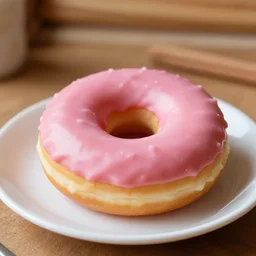 A delicious pink donut on a plate in a log cabin