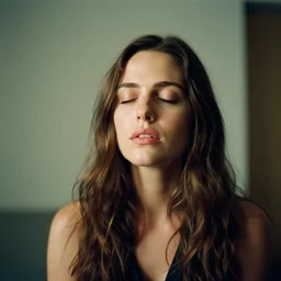 medium shot of Kate Beckinsale, eyes closed, Cinestill 800t, photography by Lazar Bogdanović