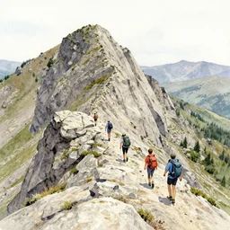 watercolor painting of hikers following a knife edge mountain ridge, granite, landscape