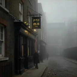 1 9 th century london, dark, shady alleys, pub, pub sign, thick fog, coherent composition, art by caspar david friedrich, thomas lawrence, john martin