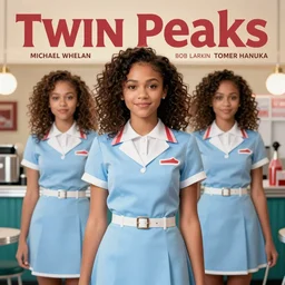 Twin Peaks poster artwork by Michael Whelan, Bob Larkin and Tomer Hanuka, of portrait of Zendaya!!!!!!!!! wearing light blue diner waitress dress, from scene from Twin Peaks, simple illustration, domestic, nostalgic, from scene from Twin Peaks, clean, full of details, by Makoto Shinkai and thomas kinkade, Matte painting, trending on artstation and unreal engine